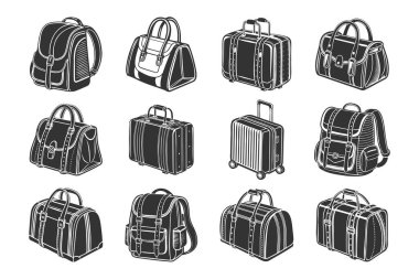 Seyahat ve turizm için farklı el çantaları, sırt çantaları ve bavulları kabartma tarzında çizilmiş. Vektör