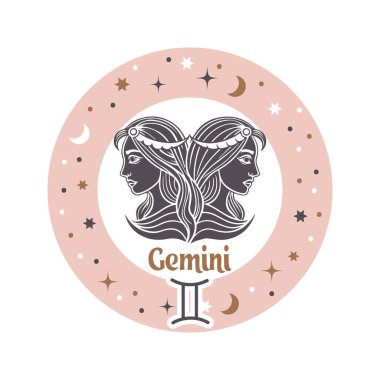 İkizler burcu burcu. Zodiac astroloji elementi. Logo ya da simge için esrarengiz bir sembol. Vektör