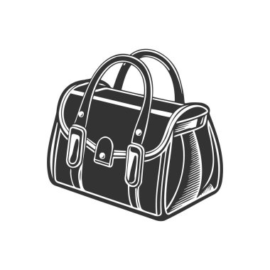Saplı el çizimi kadın çantası. Seyahat çantası. Siyah beyaz siluet. Vektör