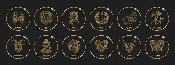 stock vector Set of astrology zodiac signs, mystical round icons. Gold outline design. Esoteric symbols for logo or icons. Vector