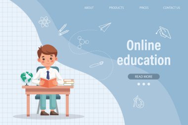 Çocuklar için çevrimiçi eğitim. Sevimli okul çocuğu ders çalışıyor, okul masasında kitap okuyor. İniş sayfasının şablonu. Vektör