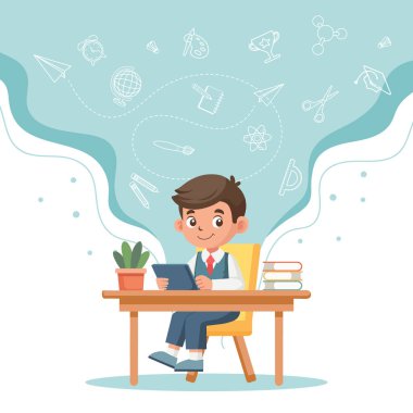 Eğitim konsepti afişi. Sevimli okul çocuğu masasında oturup ders çalışıyor. İllüzyon, şablon. Vektör