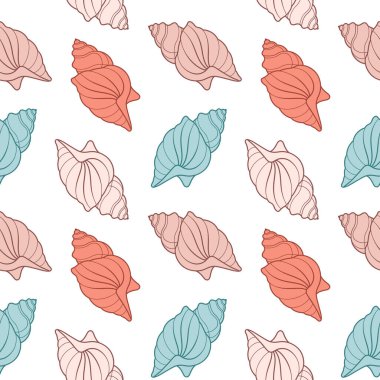 Deniz kabuklarının kusursuz deseni. Beyaz arka planda pastel renkli deniz kabukları. Vektör