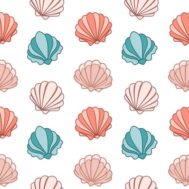 Deniz kabuklarının pürüzsüz deseni. Beyaz arka planda pastel renkli deniz kabukları. Vektör