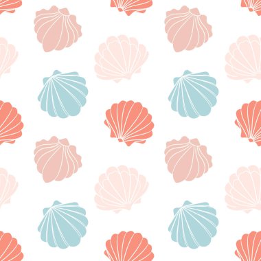 Deniz kabuklarının pürüzsüz deseni. Beyaz arka planda pastel renkli deniz kabukları. Vektör