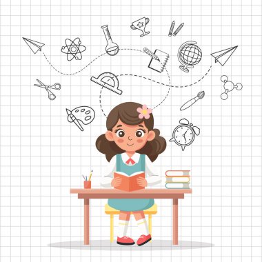 Eğitim konsepti afişi. Masasında oturan ve bilim simgeleriyle dolu karman çorman bir geçmişi olan tatlı bir kız öğrenci. İllüzyon. Vektör