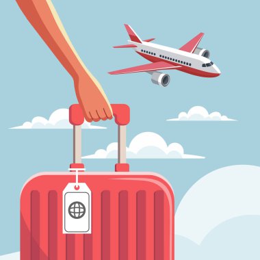 Bir kadının eli, elinde bir bavul ve gökyüzünde bir uçak tutuyor. Tatil ve seyahat konsepti. İllüzyon. Vektör