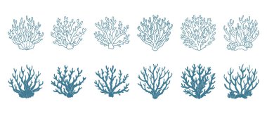 Mercan resifleri, yosunlar, su altı bitkileri. Bir dizi deniz mercanı ikonu. Çizim, çizim. Vektör