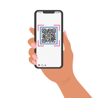 QR kodlu cep telefonu taraması ekranda. İş ve teknoloji kavramı. İllüzyon. Vektör.