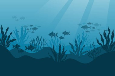 Sualtı okyanus manzarası, algler ve resifler, bir balık sürüsünün silueti. Deniz tabanında okyanus bitkileri, hayvanlar, mercanlar, deniz hayvanlarının siluetleri. Vektör