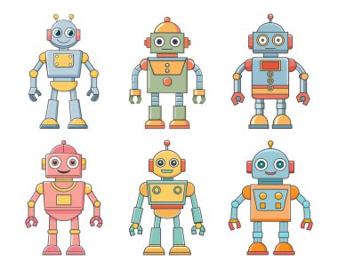 Robotlar ve droidler çizgi film karakterleri koleksiyonu. Sevimli çocuk çizgi filmi kawaii, sevimli komik robotlar, pastel renkler. Vektör seti