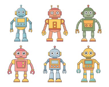 Robotlar ve droidler çizgi film karakterleri koleksiyonu. Sevimli çocuk çizgi filmi kawaii, sevimli komik robotlar, pastel renkler. Vektör seti