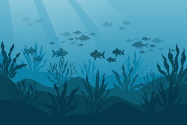 Sualtı okyanus manzarası, algler ve resifler, bir balık sürüsünün silueti. Deniz tabanında okyanus bitkileri, hayvanlar, mercanlar, deniz hayvanlarının siluetleri. Vektör