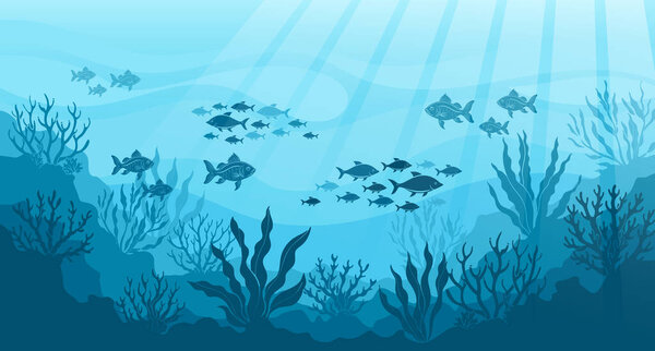 Underwater ocean landscape, algae and reefs, silhouette of a school of fish. Seabed background with ocean flora and fauna, corals, silhouettes of sea animals. Vector