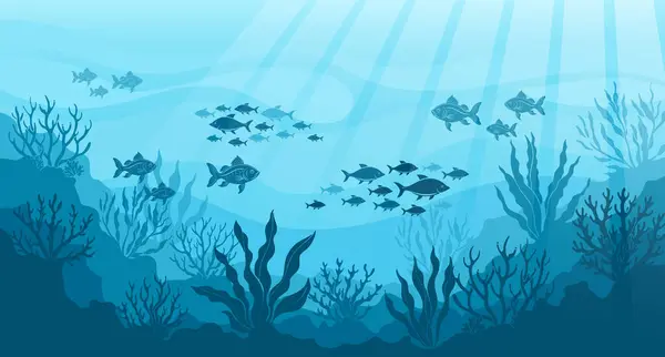 Paisaje Oceánico Submarino Algas Arrecifes Silueta Una Escuela Peces Fondo Vectores De Stock Sin Royalties Gratis