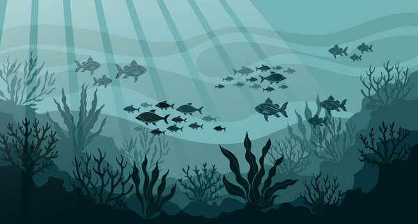 Underwater ocean landscape, algae and reefs, silhouette of a school of fish. Seabed background with ocean flora and fauna, corals, silhouettes of sea animals. Vector