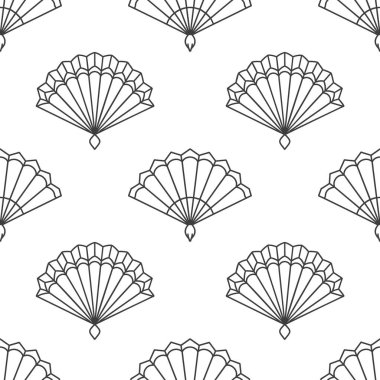 Kağıt hayranlarının kusursuz bir geçmişi var. El vantilatöründen. Çinlilerin siluetleri, Japon kağıt katlama fanları, geleneksel Asya mücevherleri. Vektör