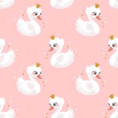 Kusursuz desenli, pembe arka planda altın tacı olan küçük kuğu prenses. Bebek odası dekorasyonu için güzel bir arka plan. Vektör
