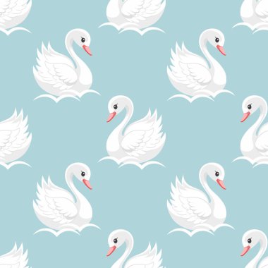 Kusursuz desenli, mavi arka planda küçük bir kuğu prenses. Bebek odası dekorasyonu için güzel bir arka plan. Vektör