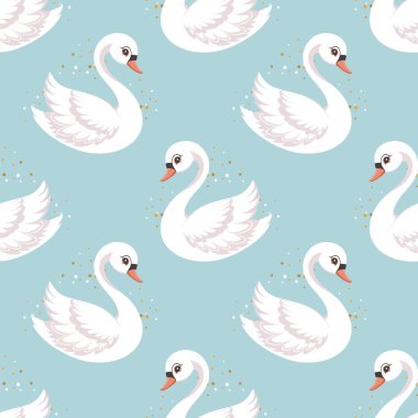 Kusursuz desenli, mavi arka planda küçük bir kuğu prenses. Bebek odası dekorasyonu için güzel bir arka plan. Vektör