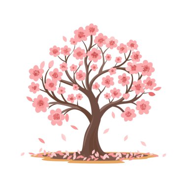 Pembe çiçekli güzel kiraz ağacı. Sakura illüstrasyonu. Vektör
