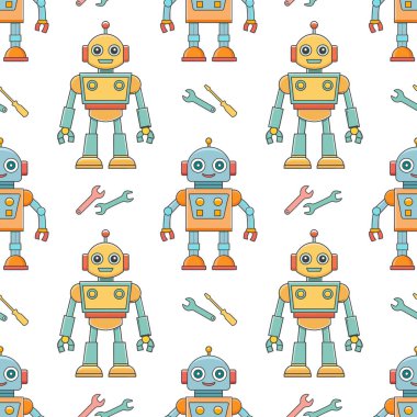 Çizgi film karakterlerinin kusursuz deseni robotlar ve droidler. Sevimli çocukların robot oyuncaklarının geçmişi. Vektör