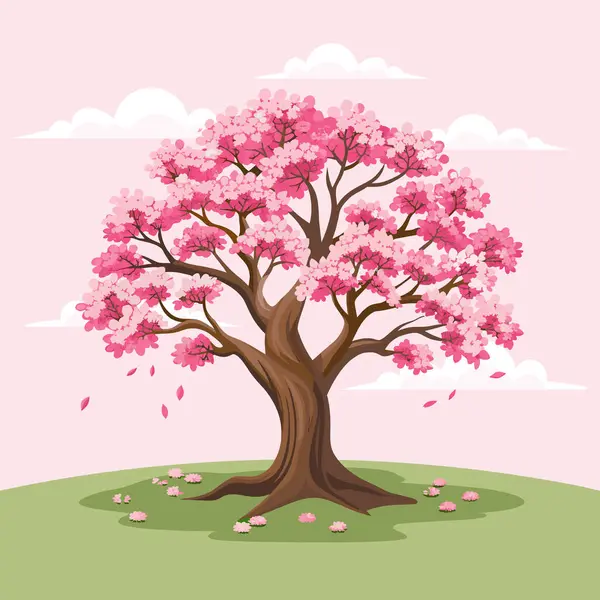 ピンクの花と美しい桜の木 サクライラスト ベクター — ストックベクタ