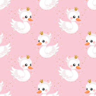 Kusursuz desenli, pastel arka planda altın tacı olan küçük kuğu prenses. Bebek odası dekorasyonu için güzel bir arka plan. Vektör