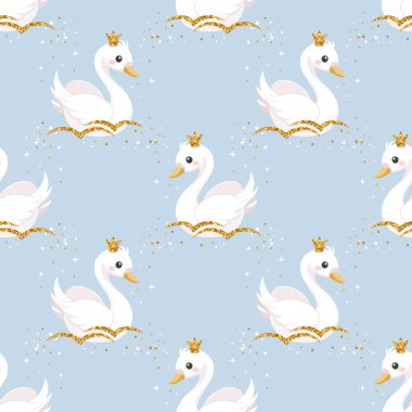 Kusursuz desenli, pastel arka planda altın tacı olan küçük kuğu prenses. Bebek odası dekorasyonu için güzel bir arka plan. Vektör