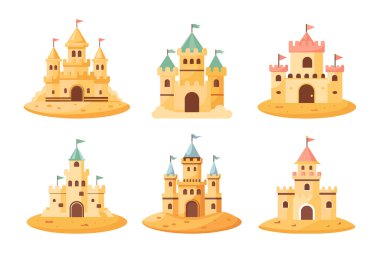Beyaz arka planda düz bir şekilde kuleleri ve kale duvarları olan bir kumdan kale seti. Peri masalı kale ikonları. Kum üzerine inşa edilen bina tasviri. Vektör