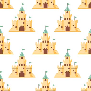 Yaz kumdan kale pürüzsüz desen. Beyaz arka planda renkli bir kum kalesi. Vektör