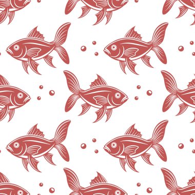 Kusursuz desen, beyaz arka planda su kabarcıkları olan deniz balığı siluetleri. Yazdırma, tekstil