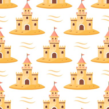 Yaz kumdan kale pürüzsüz desen. Beyaz arka planda renkli bir kum kalesi. Vektör