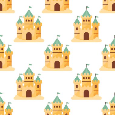 Yaz kumdan kale pürüzsüz desen. Beyaz arka planda renkli bir kum kalesi. Vektör