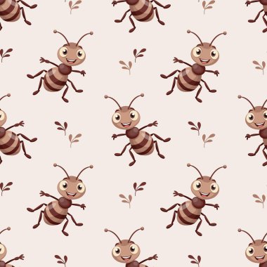 Beyaz arka planda mutlu bir karıncanın kusursuz deseni. Gülümseyen bebek böcek karakteri. Yazdırma, çocuk tekstili, duvar kağıdı
