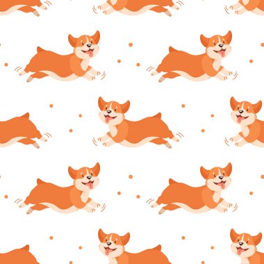 Beyaz arka planda kusursuz bir Corgi köpek yavrusu deseni. Yazdır, bebek tekstil, duvar kağıdı