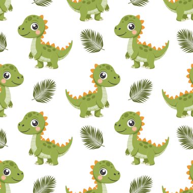 Şirin dinazorlar pürüzsüz kalıplar. Dinozorlar ve tropikal yapraklarla dolu bir arka plan. Bebek kıyafetleri, gömlekler, kumaşlar, tekstil için İskandinav tasarımı.