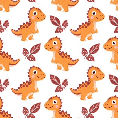 Şirin dinazorlar pürüzsüz kalıplar. Dinozorlar ve tropikal yapraklarla dolu bir arka plan. Bebek kıyafetleri, gömlekler, kumaşlar, tekstil için İskandinav tasarımı.