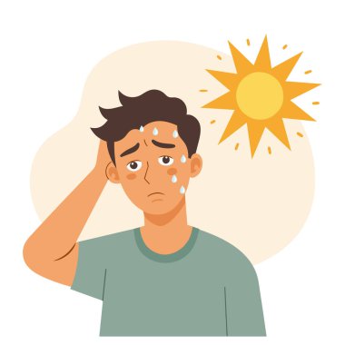 Güneş çarpmasından ya da sıcaktan başı ağrıyan genç bir adam. Sağlık ve ilaç servisi. Görüntü, vektör