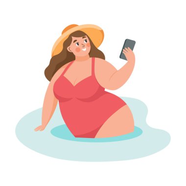 Yaz tatili zamanı. Mutlu kadın akıllı telefonuyla selfie çekiyor. Plaj tatili ve dinlenme. İllüstrasyon kavramı. Vektör