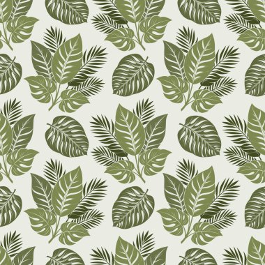 Tropik yaprakları ve palmiye yaprakları olan pürüzsüz bir desen. Yaz ışığı örtüsü şablonları. Görüntü