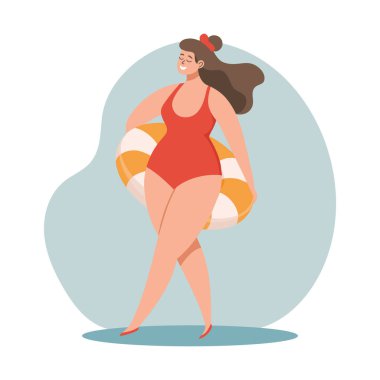 Yaz tatili zamanı. Yüzme yüzüklü mayolu mutlu bir kadın. Plaj tatili ve rahatlama. İllüstrasyon kavramı. Vektör