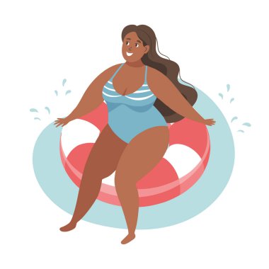 Yaz tatili zamanı. Yüzme yüzüklü mayolu mutlu bir kadın. Plaj tatili ve rahatlama. İllüstrasyon kavramı. Vektör