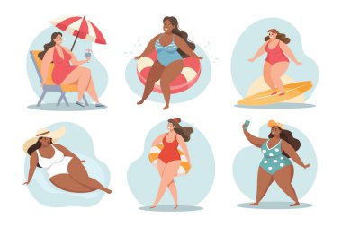 Yaz tatili zamanı, insanlar hazır. Mayo giymiş mutlu kadınlar. Plaj tatili, güneş ve rahatlama..