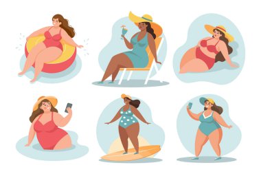 Yaz tatili zamanı, insanlar hazır. Mayo giymiş mutlu kadınlar. Plaj tatili, güneş ve rahatlama..