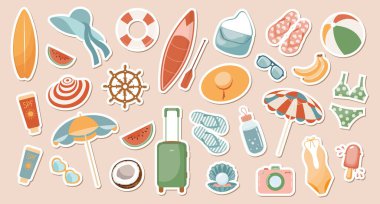 Günlük planlayıcın için bir dizi tatlı çıkartma. Plaj partisi, güneş şemsiyesi, sörf tahtası, dondurma, bikini, plaj şapkası koleksiyonu. Yaz koleksiyonu