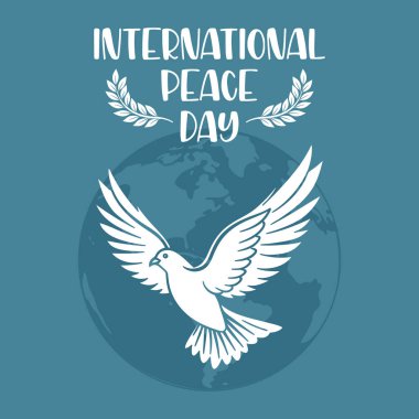 Uluslararası barış günü. Beyaz bir güvercinin silueti arka planda bir küreye karşı. İllüzyon. Vektör