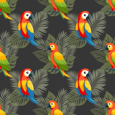 Kusursuz desenler, tropikal yaprakların sisinde sevimli renkli papağanlar. Tatlı papağan kuşları. Tekstil, arkaplan, baskı için tasarım