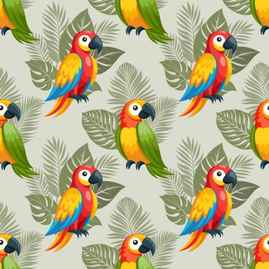 Kusursuz desenler, tropikal yaprakların sisinde sevimli renkli papağanlar. Tatlı papağan kuşları. Tekstil, arkaplan, baskı için tasarım