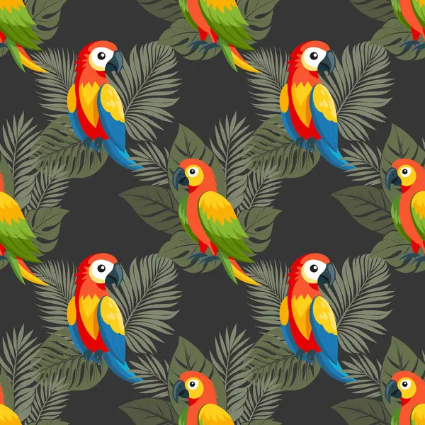 Kusursuz desenler, tropikal yaprakların sisinde sevimli renkli papağanlar. Tatlı papağan kuşları. Tekstil, arkaplan, baskı için tasarım